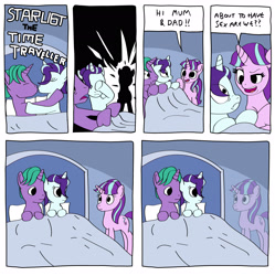 Size: 3000x3016 | Tagged: safe, artist:anonymousandrei, derpibooru exclusive, derpibooru import, firelight, starlight glimmer, pony, unicorn, g4, bed, comic, deathbulge, father and child, father and daughter, female, grammar error, horn, husband and wife, implied sex, kissing, male, mare, married couple, mother and child, mother and daughter, parent and child, parody, ponified, s5 starlight, self existence failure, species swap, stallion, starlight glimmer's mother, this will end in timeline distortion, time travel, time travel glimmer, too dumb to live, trio