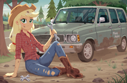 Size: 2560x1664 | Tagged: safe, ai content, derpibooru import, generator:pony diffusion v6 xl, generator:stable diffusion, machine learning generated, applejack, human, equestria girls, g4, car, clothes, denim, dirt, dirty, female, fence, forest, jeans, nature, pants, prompter:kimberlite, repairing, solo, tree, wrench