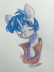 Size: 2508x3344 | Tagged: safe, artist:alex6886, derpibooru import, stygian, pony, unicorn, g4, blue eyes, blue mane, cloak, clothes, cute, gray coat, horn, male, signature, simple background, solo, stallion, stygianbetes, traditional art, watercolor painting, white background