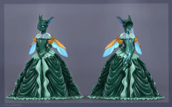 Size: 1598x1000 | Tagged: safe, artist:shamziwhite, derpibooru import, oc, oc:facade, anthro, changeling, ghost, undead, clothes, corset, dress, gloves, latex, latex dress, living clothes, long dress, long gloves, male, standing, wings