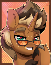 Size: 2799x3591 | Tagged: safe, artist:joaothejohn, derpibooru import, oc, oc only, oc:macchiato, pony, unicorn, bust, chest fluff, freckles, gift art, glasses, heart, hooves, horn, icon, lidded eyes, looking at you, male, multicolored hair, passepartout, portrait, smiling, solo, stallion, unicorn oc