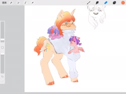 Size: 2048x1536 | Tagged: safe, artist:gulixingenatasha, derpibooru import, pony, unicorn, art program in frame, female, filly, foal, horn, orange coat, procreate app, trio