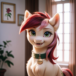 Size: 1024x1024 | Tagged: safe, ai content, derpibooru import, generator:pony diffusion v6 xl, generator:stable diffusion, machine learning generated, roseluck, pony, g4, 3d, chest fluff, collar, cute, ear fluff, ears, fangs, fluffy, looking at you, pet tag, pony pet, prompter:doom9454, rosepet, solo