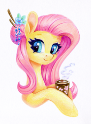 Size: 937x1268 | Tagged: safe, artist:maytee, derpibooru import, fluttershy, pegasus, pony, g4, bust, colored pencil drawing, cup, female, food, looking at you, mare, portrait, smiling, smiling at you, solo, tea, teacup, traditional art