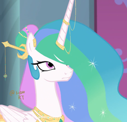 Size: 750x719 | Tagged: safe, artist:gulixingenatasha, derpibooru import, princess celestia, alicorn, pony, g4, alternate hairstyle, celestia is not amused, ethereal mane, female, frown, horn, horn jewelry, i can't believe it's not hasbro studios, jewelry, long mane, mare, peytral, show accurate, solo, unamused