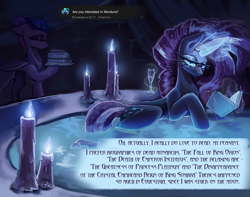 Size: 3800x3000 | Tagged: safe, alternate version, artist:anastas, derpibooru import, part of a set, nightmare rarity, oc, oc:sagitta, pony, unicorn, series:ask nightmare rarity, g4, ask, bath, bathing, book, candle, candlelight, comic, cyrillic, english, ethereal mane, eyeshadow, fangs, female, flowing mane, flowing tail, holding, horn, looking at you, magic, magic aura, makeup, mare, mlp art ask (ru), nightmarified, partially submerged, slit eyes, solo, speech bubble, starry mane, sternocleidomastoid, tail, text, translation, water