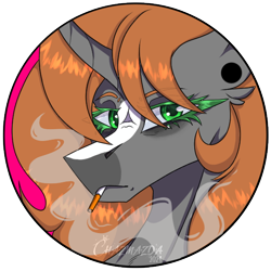 Size: 600x600 | Tagged: safe, artist:chazmazda, derpibooru import, oc, oc only, pony, unicorn, backwards cigarette, bags under eyes, blaze (coat marking), cel shading, cigarette, cigarette smoke, coat markings, colored eyelashes, commission, curved horn, ear piercing, earring, eye clipping through hair, eyebrows, eyebrows visible through hair, facial markings, frown, gauges, gray coat, green eyelashes, green eyes, horn, jewelry, lidded eyes, lineart, long hair, long muzzle, looking at you, narrowed eyes, orange mane, piercing, shading, shiny mane, simple background, smoke, smoking, snip (coat marking), transparent background, unicorn oc, watermark