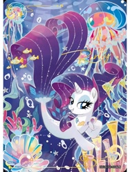 Size: 1080x1440 | Tagged: safe, derpibooru import, rarity, fish, jellyfish, pony, seapony (g4), series:卡游辉月六, g4, my little pony: the movie, beautiful, bioluminescent, bubble, card, coral, cute, dorsal fin, english, eyelashes, eyeshadow, female, fin, fish tail, flowing mane, flowing tail, gem, happy, horn, jewelry, kayou, lidded eyes, makeup, merchandise, necklace, ocean, official, open mouth, open smile, pearl, raribetes, rarisass, scales, seaponified, seapony rarity, seaquestria, seashell, seashell necklace, seaweed, smiling, solo, sparkles, species swap, stars, swimming, tail, text, trading card, underwater, water