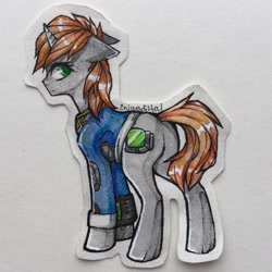 Size: 2048x2048 | Tagged: safe, artist:enjaadjital, derpibooru import, oc, oc only, oc:littlepip, pony, unicorn, fallout equestria, butt, clothes, colored pencil drawing, ears, fanfic art, female, floppy ears, horn, jumpsuit, looking back, mare, photo, pipbuck, pipbutt, side view, signature, solo, traditional art, unicorn oc, vault suit