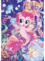 Size: 1080x1440 | Tagged: safe, derpibooru import, pinkie pie, earth pony, pony, seapony (g4), series:卡游辉月六, g4, my little pony: the movie, bubble, card, coral, dorsal fin, english, female, fin, fish tail, flowing mane, flowing tail, kayou, merchandise, ocean, official, open mouth, open smile, pearl, seaponified, seapony pinkie pie, seashell, seaweed, smiling, solo, species swap, swimming, tail, text, trading card, underwater, water