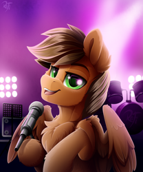 Size: 2500x3000 | Tagged: safe, artist:rainbowfire, derpibooru import, oc, oc only, oc:jacky breeze, pegasus, pony, chest fluff, commission, concert, cute, drums, fluffy, green eyes, looking at you, male, microphone, musical instrument, raised hoof, raised leg, scene, singing, smiling, solo, spread wings, stallion, wings