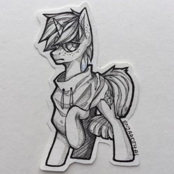 Size: 2048x2048 | Tagged: safe, artist:enjaadjital, derpibooru import, oc, oc only, pony, unicorn, clothes, freckles, glasses, horn, jumpsuit, looking at you, pencil drawing, photo, raised hoof, raised leg, signature, solo, traditional art, unicorn oc, vault suit