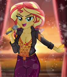 Size: 1741x2000 | Tagged: safe, artist:emeraldblast63, derpibooru import, sunset shimmer, equestria girls, g4, belt buckle, breasts, cleavage, clothes, female, jacket, lidded eyes, microphone, open mouth, pants, singing, solo, stupid sexy sunset shimmer, sunset jiggler