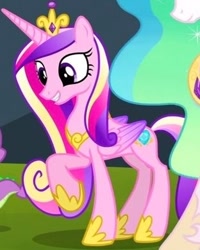 Size: 312x390 | Tagged: safe, derpibooru import, screencap, princess cadance, princess celestia, spike, alicorn, pony, equestria games (episode), g4, season 4, concave belly, cropped, crown, female, hoof shoes, jewelry, mare, offscreen character, peytral, raised hoof, raised leg, regalia, slender, solo focus, tail, thin, trio