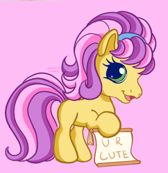 Size: 2022x2089 | Tagged: safe, artist:leopardsnaps, derpibooru import, mayor flitter flutter, earth pony, pony, g3, g3.5, :d, headband, holding sign, open mouth, open smile, pink background, scroll, simple background, sketch, smiling, solo