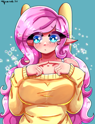 Size: 2550x3300 | Tagged: safe, artist:mylittleyuri, derpibooru import, fluttershy, human, g4, blue background, blushing, bra, bra strap, breasts, clothes, cute, elf ears, female, hootershy, humanized, shyabetes, simple background, solo, sweater, sweatershy, underwear, winged humanization, wings