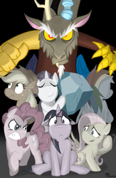 Size: 750x1150 | Tagged: safe, artist:siemensohm, derpibooru import, applejack, discord, fluttershy, pinkie pie, rainbow dash, rarity, tom, twilight sparkle, unicorn twilight, draconequus, earth pony, pegasus, pony, unicorn, g4, the return of harmony, 2013, crying, discorded, ears, female, floppy ears, horn, male, mane six, mare, rock