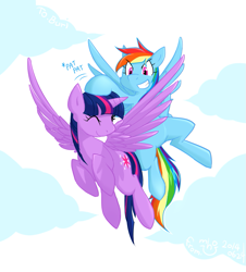 Size: 763x843 | Tagged: safe, artist:siemensohm, derpibooru import, rainbow dash, twilight sparkle, twilight sparkle (alicorn), alicorn, pegasus, pony, g4, 2014, duo, duo female, female, flying, lesbian, old art, shipping, sky background, twidash