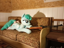 Size: 4080x3072 | Tagged: safe, artist:epicrainbowcrafts, derpibooru import, spring melody, sprinkle medley, pegasus, pony, g4, bow, clothes, gun, indoors, irl, life size, photo, plushie, rifle, socks, sofa, solo, tail, tail bow, weapon