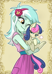 Size: 1750x2500 | Tagged: safe, artist:ta-na, derpibooru import, bon bon, lyra heartstrings, sweetie drops, earth pony, human, pony, equestria girls, g4, bon bon is not amused, clothes, cute, cutie mark on clothes, dress, duo, duo female, female, hairband, holding a pony, hug, hugging a pony, looking back, looking down, lyrabetes, nuzzling, one eye closed, pocket, smiling, thin, unamused