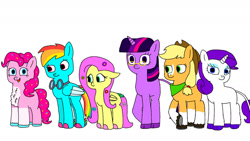 Size: 1280x720 | Tagged: safe, artist:coolgear10, derpibooru import, applejack, fluttershy, pinkie pie, rainbow dash, rarity, twilight sparkle, unicorn twilight, earth pony, pegasus, pony, unicorn, g4, ears, floppy ears, flower, fluttershy is short, fluttershy is smol, glasses, headcanon, headcanon in the description, horn, mane six, petiteshy, simple background, smolshy, white background