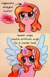 Size: 1320x2048 | Tagged: safe, artist:dariarchangel, derpibooru import, oc, oc only, oc:dazha, pony, unicorn, g4, adorable face, artificial wings, augmented, big eyes, blue eyes, blue wings, bust, cute, cute face, donut, female, female oc, food, hairband, horn, large wings, levitation, looking up, magic, magic aura, magic wings, ocbetes, orange hair, orange mane, orange tail, pink coat, pony oc, portrait, small horn, smiling, solo, sparkles, sprinkles, tail, telekinesis, text, traditional art, transparent wings, two toned magic, unicorn horn, unicorn oc, wings