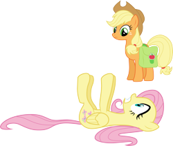 Size: 3556x3000 | Tagged: safe, artist:cloudy glow, derpibooru import, applejack, fluttershy, earth pony, pegasus, pony, dragonshy, g4, applejack's hat, bag, clothes, cowboy hat, duo, duo female, female, hat, lying down, mare, prone, saddle bag, simple background, transparent background