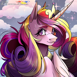 Size: 1000x1000 | Tagged: safe, artist:legendaryshadee, derpibooru import, princess cadance, alicorn, pony, g4, :3, bust, cloud, eyebrows, female, horn markings, lacrimal caruncle, mare, outdoors, portrait, solo