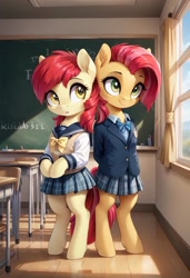 Size: 800x1169 | Tagged: safe, ai content, derpibooru import, generator:pony diffusion v6 xl, generator:stable diffusion, machine learning generated, apple bloom, babs seed, earth pony, pony, semi-anthro, g4, bipedal, chalkboard, classroom, clothes, desk, duo, duo female, female, filly, foal, indoors, mare, prompter:gregorymars, school, school desk, school uniform, skirt, standing, table, window