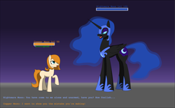 Size: 3336x2072 | Tagged: safe, artist:lucarioshirona, derpibooru import, nightmare moon, oc, oc:copper moon, g4, concave belly, dialogue, duo, duo female, female, gradient background, height difference, long legs, mare, physique difference, slender, tall, thin, video game