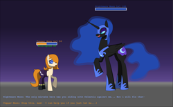 Size: 3336x2072 | Tagged: safe, artist:lucarioshirona, derpibooru import, nightmare moon, oc, oc:copper moon, pony, g4, concave belly, dialogue, duo, duo female, female, gradient background, height difference, hypnosis, long legs, mare, physique difference, shadowbolts, slender, tall, thin, video game