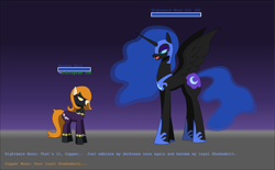 Size: 3336x2072 | Tagged: safe, artist:lucarioshirona, derpibooru import, nightmare moon, oc, oc:copper moon, pony, g4, concave belly, defeated, dialogue, duo, duo female, female, gradient background, height difference, hypnosis, long legs, mare, physique difference, shadowbolts, slender, tall, thin, video game