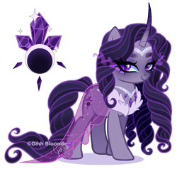 Size: 2092x1991 | Tagged: safe, artist:gihhbloonde, derpibooru import, oc, oc only, pony, unicorn, blue sclera, circlet, clothes, colored sclera, curved horn, eye clipping through hair, female, glowing, glowing mane, glowing tail, gradient horn, grid adoptable, horn, jewelry, mare, necklace, offspring, parent:king sombra, parent:rarity, parents:sombrarity, purple eyes, see-through, simple background, slit eyes, solo, sombra eyes, tail, transparent background, transparent skirt, unnamed oc