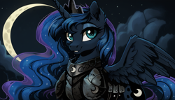 Size: 1344x768 | Tagged: safe, ai content, derpibooru import, generator:pony diffusion v6 xl, generator:stable diffusion, machine learning generated, princess luna, alicorn, pony, g4, armor, ethereal mane, looking at you, moon, outdoors, prompter:craft, solo, spread wings, wings