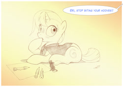 Size: 1789x1265 | Tagged: safe, artist:sherwoodwhisper, derpibooru import, oc, oc only, oc:eri, oc:whisper, mouse, pony, unicorn, biting, cape, clothes, female, filly, foal, hoof biting, horn, lying down, male, monochrome, nervous, pencil, prone, solo, unicorn oc