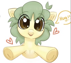 Size: 936x833 | Tagged: safe, artist:mushy, derpibooru import, oc, oc only, oc:pea, earth pony, pony, dialogue, female, filly, floating heart, foal, heart, hooves out, hug request, incoming hug, looking at you, simple background, smiling, smiling at you, speech bubble, talking to viewer, tongue, tongue out, underhoof, white background