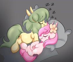 Size: 2048x1760 | Tagged: safe, artist:mushy, derpibooru import, oc, oc:kayla, oc:pea, earth pony, pony, cuddling, duo, duo female, earth pony oc, eyes closed, female, filly, flower, flower in hair, foal, gift art, lying down, onomatopoeia, pillow, sleeping, smiling, sound effects, tail, underhoof, zzz