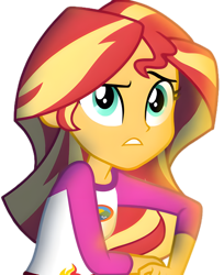 Size: 1804x2212 | Tagged: safe, derpibooru import, edit, edited screencap, screencap, sunset shimmer, human, equestria girls, g4, legend of everfree, background removed, camp everfree logo, camp everfree outfits, campfire, clothes, ears, eyebrows, eyelashes, female, hair, lighting, nose, not a vector, raised eyebrow, shadow, shirt, simple background, solo, teeth, transparent background, turquoise eyes