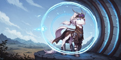 Size: 2400x1200 | Tagged: safe, ai content, derpibooru import, machine learning generated, oc, oc only, oc:miao ying, earth pony, pony, armor, bust, medieval, outdoors, ponytail, portrait, prompter:greesys, scenery, solo, wallpaper