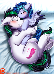 Size: 2678x3701 | Tagged: safe, artist:pridark, derpibooru import, oc, oc only, oc:jewel blue, oc:sil feather, pegasus, pony, unicorn, duo, forehead kiss, horn, kissing, pegasus oc, unicorn oc