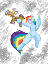 Size: 1200x1600 | Tagged: safe, artist:kushina13, derpibooru import, gilda, rainbow dash, pegasus, pony, g4, abstract background, armpits, belly, belly button, chest fluff, collarbone, female, flying, gun, gunified, hoof hold, inanimate tf, mare, ribcage, solo, subverted meme, super sentai, transformation, weapon