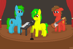 Size: 576x384 | Tagged: safe, artist:valuable ashes, derpibooru import, oc, oc only, oc:resin, oc:technical writings, oc:valuable ashes, earth pony, pegasus, pony, unicorn, digital art, electric guitar, guitar, horn, keyboard, male, microphone, microphone stand, musical instrument, pixel art, rainbow rocks 10th anniversary, stage, trio