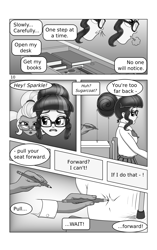 Size: 1732x2756 | Tagged: safe, artist:cybersquirrel, derpibooru import, part of a series, part of a set, sci-twi, sugarcoat, twilight sparkle, human, comic:take a seat miss sparkle, equestria girls, g4, clothes, comic, glasses, monochrome, pencil, school uniform, speech bubble, text