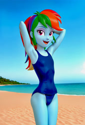 Size: 2862x4183 | Tagged: safe, ai content, derpibooru import, machine learning generated, rainbow dash, human, equestria girls, g4, 3d, arm behind head, armpits, beach, blue swimsuit, breasts, clothes, collarbone, concave belly, delicious flat chest, eyeshadow, female, generator:civitai, legs together, looking at you, makeup, open mouth, open smile, prompter:varveithor, ribcage, sexy, slender, small breasts, smiling, smiling at you, solo, sternocleidomastoid, swimsuit, thin