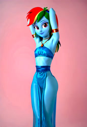 Size: 2862x4183 | Tagged: safe, ai content, derpibooru import, machine learning generated, rainbow dash, human, equestria girls, g4, 3d, arm behind head, armlet, armpits, belly, breasts, clothes, curvy, delicious flat chest, dress, eyeshadow, female, generator:civitai, hourglass figure, jewelry, lipstick, looking at you, makeup, necklace, prompter:varveithor, ribcage, ribs, sexy, small breasts, smiling, smiling at you, solo, sternocleidomastoid, thin