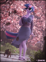 Size: 2880x3840 | Tagged: safe, artist:steamyart, derpibooru import, sci-twi, twilight sparkle, anthro, dog, plantigrade anthro, timber wolf, unicorn, series:field research, g4, 3d, blender, cherry blossoms, clothes, detached sleeves, female, flower, flower blossom, glasses, horn, puppy, solo