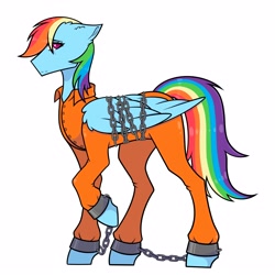 Size: 5000x5000 | Tagged: safe, artist:sprinkleofevergreen, derpibooru import, rainbow dash, g4, bound wings, chained, chains, clothes, commissioner:rainbowdash69, jumpsuit, never doubt rainbowdash69's involvement, prison outfit, prisoner, prisoner rd, shackles, simple background, solo, white background, wings