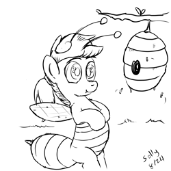 Size: 4960x4960 | Tagged: safe, artist:sollace, derpibooru exclusive, derpibooru import, oc, oc only, oc:anon filly, bee, bee pony, hybrid, insect, original species, cute, female, filly, flying, foal, hive, monochrome, outdoors, simple background, solo, species swap, tree branch