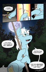 Size: 1600x2480 | Tagged: safe, artist:argent arms, derpibooru import, oc, oc only, oc:argent arms, pony, unicorn, comic:foeslayer, blue coat, comic page, dramatic pose, female, filly, foal, foreshadowing, forest background, horn, mare in the moon, moon, night, night sky, sky, solo, speech bubble, stars, stick, turquoise eyes, unicorn oc, white mane