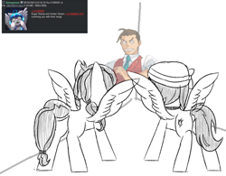 Size: 1888x1475 | Tagged: safe, artist:anonymous, derpibooru import, edit, oc, oc only, oc:amber gleam, oc:sugar stamp, human, pegasus, pony, g4, ace attorney, apollo justice, butt, corner, cornered, elements of justice, female, hat, male, mare, pegasus oc, plot, ponytails, requested art, shipping, spread wings, straight, suggestive description, this will not end well, trio, trio male and female, wingboner, wings